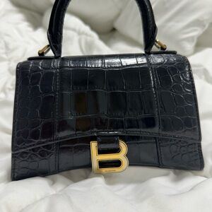 Balenciaga Black Croc-Embossed Satchel with Gold Hardware